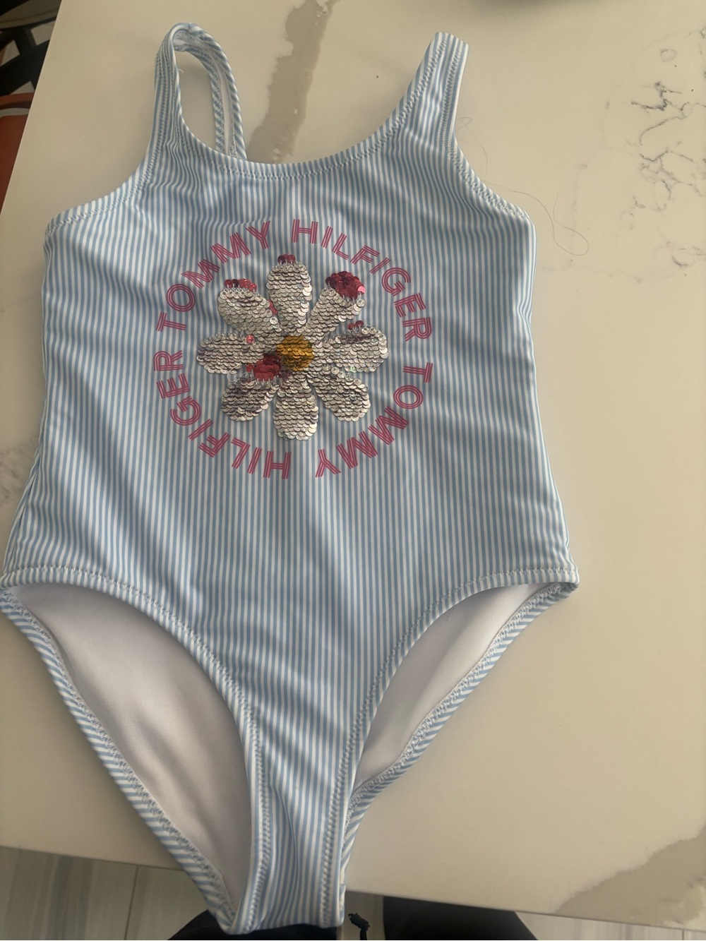 Tommy Hilfiger Light Blue and White Striped Sequin Daisy Swimsuit